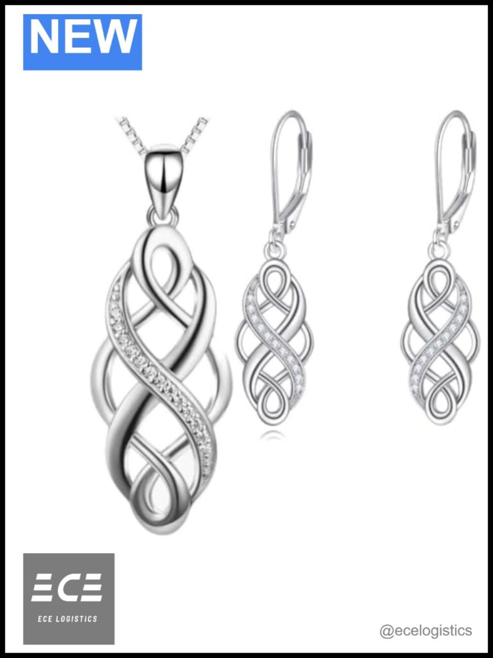 YFN Sterling Silver Celtic Knot Necklace Earring Jewelry Set CZ 18in